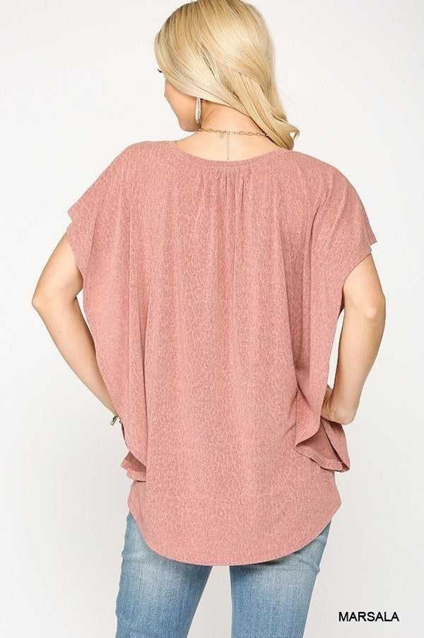 Women's Leopard Jacquard Knit Jersey Top With Front Tie, Ruffled Sleeve