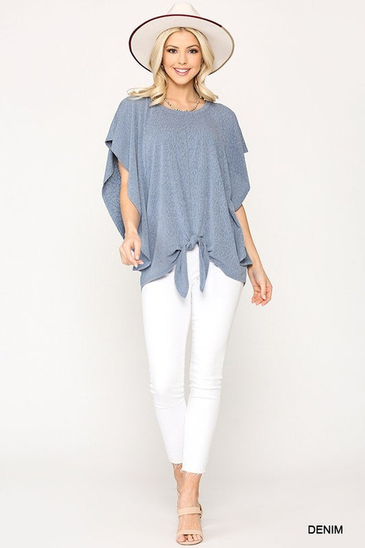 Women's Leopard Jacquard Knit Jersey Top With Front Tie, Ruffled Sleeve