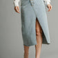 Women's Asymmetrical Button Up Front Split Denim Jean Skirt With Back Pockets And Unfinished Hem