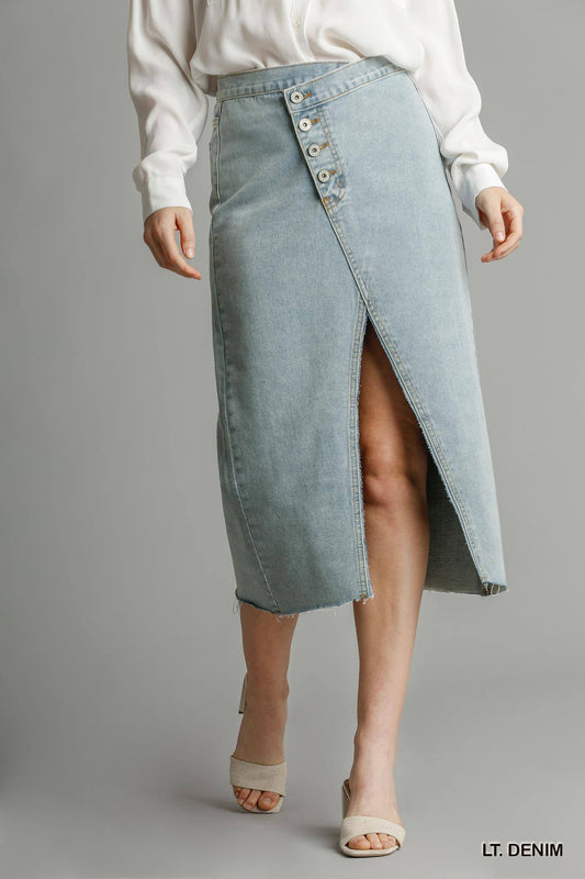 Women's Asymmetrical Button Up Front Split Denim Jean Skirt With Back Pockets And Unfinished Hem