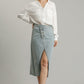 Women's Asymmetrical Button Up Front Split Denim Jean Skirt With Back Pockets And Unfinished Hem