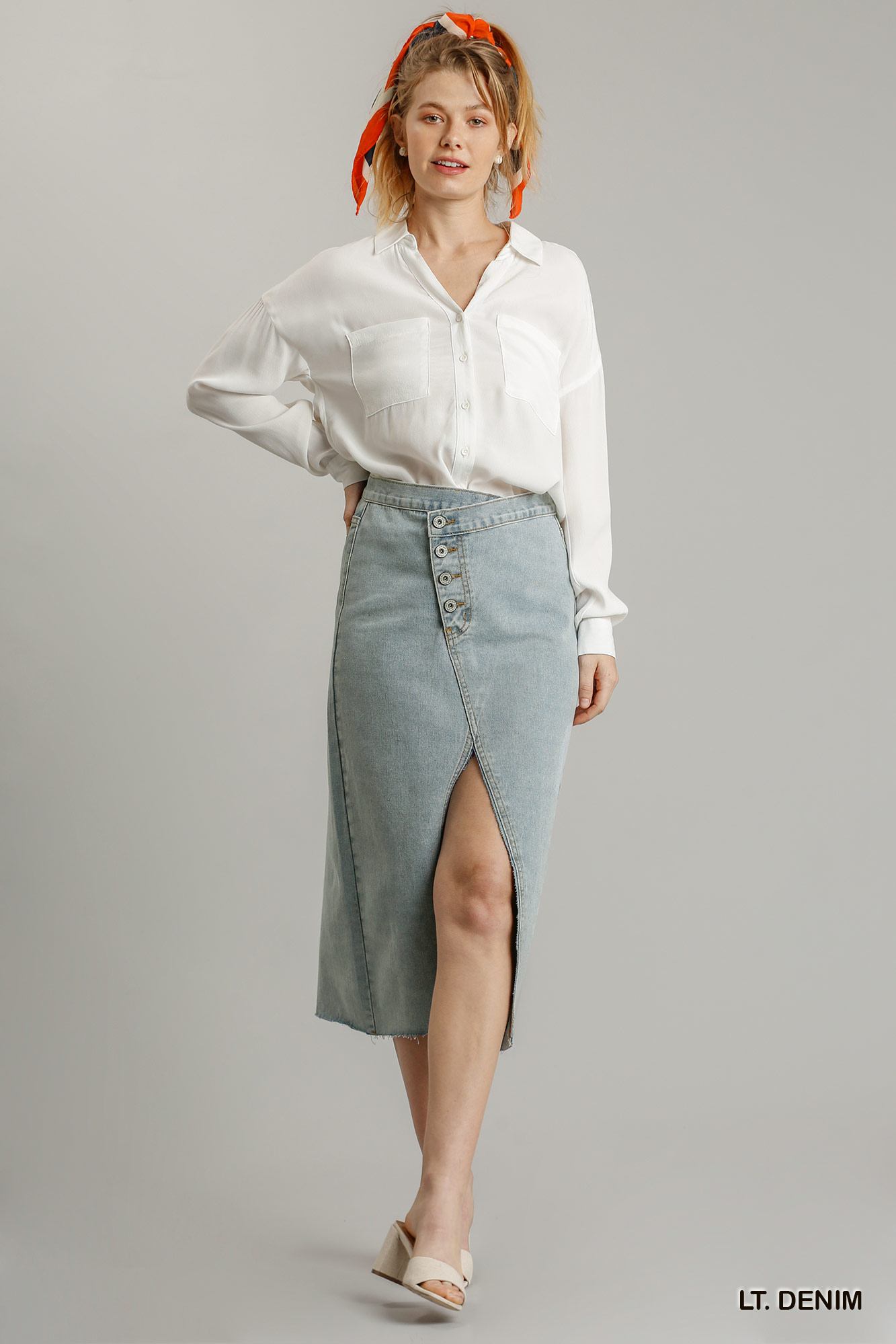 Women's Asymmetrical Button Up Front Split Denim Jean Skirt With Back Pockets And Unfinished Hem