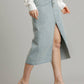 Women's Asymmetrical Button Up Front Split Denim Jean Skirt With Back Pockets And Unfinished Hem