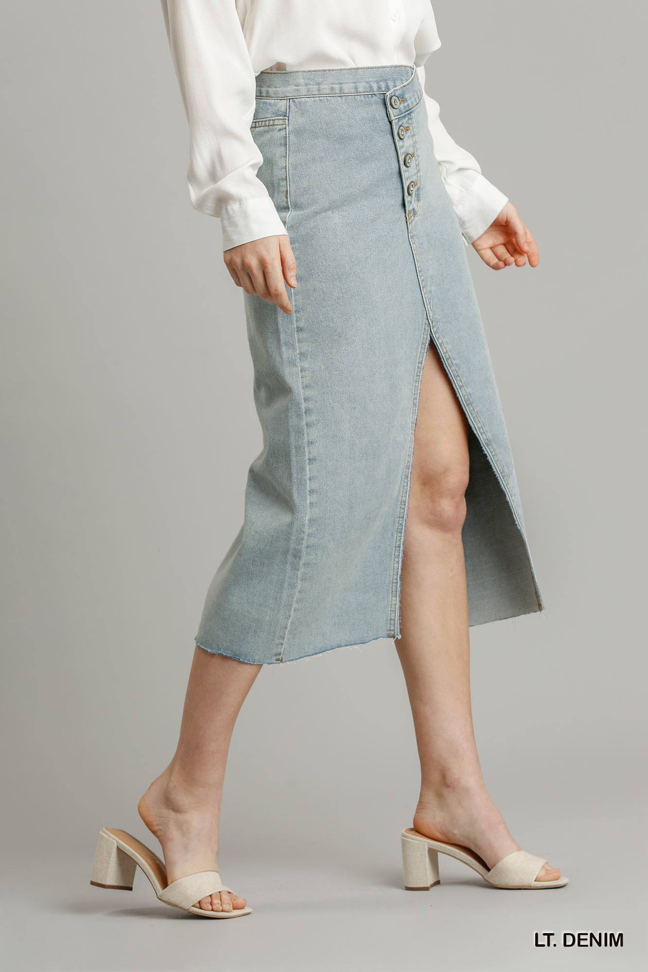 Women's Asymmetrical Button Up Front Split Denim Jean Skirt With Back Pockets And Unfinished Hem