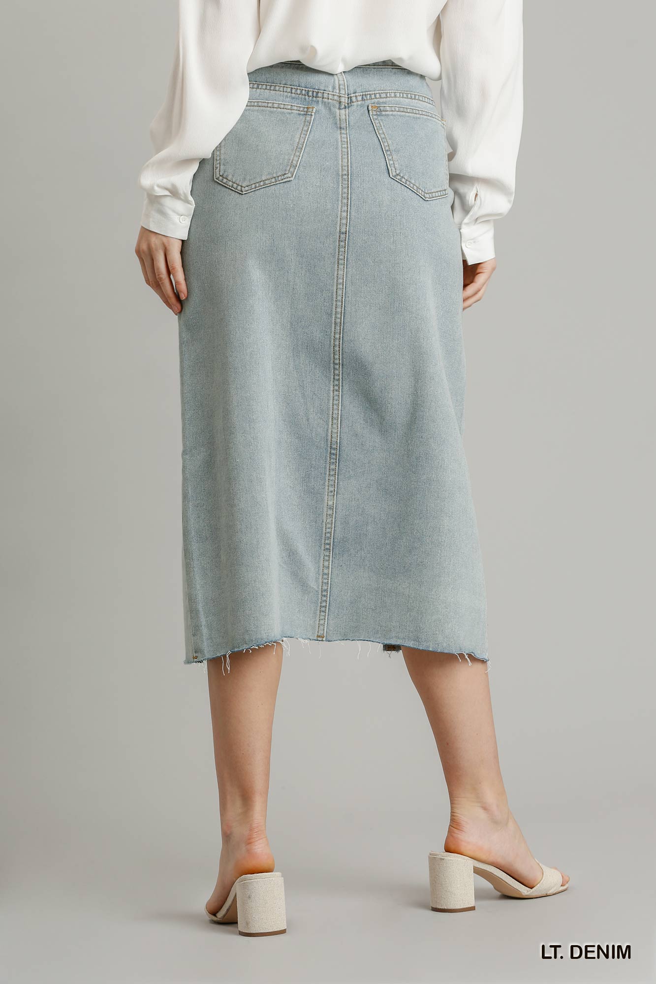 Women's Asymmetrical Button Up Front Split Denim Jean Skirt With Back Pockets And Unfinished Hem