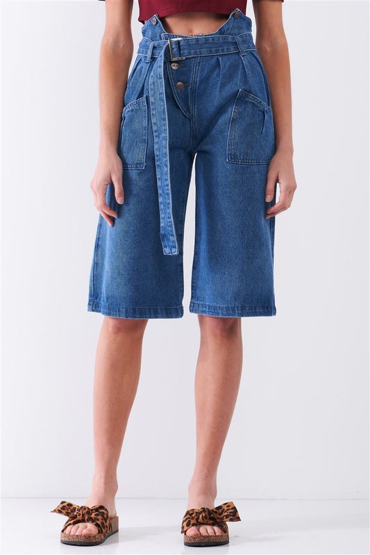 Women's High-waist Buckle Midi Flare Denim Jean Pants