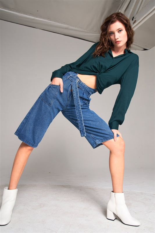 Women's High-waist Buckle Midi Flare Denim Jean Pants