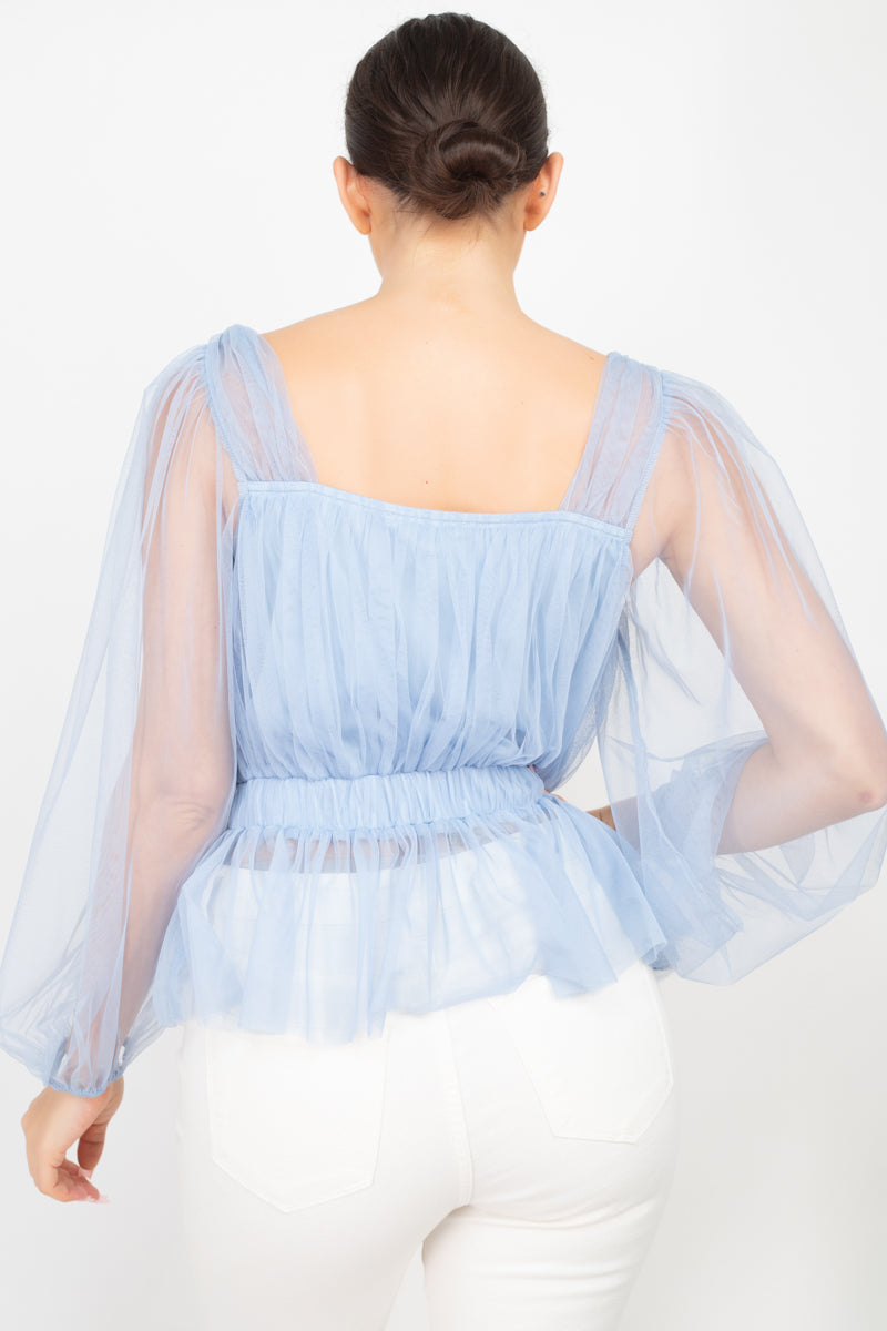 Women's Sheer Mesh Crochet Peplum Top