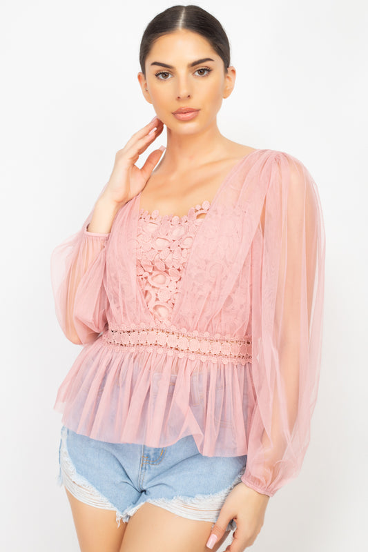 Women's Sheer Mesh Crochet Peplum Top