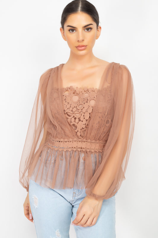 Women's Sheer Mesh Crochet Peplum Top