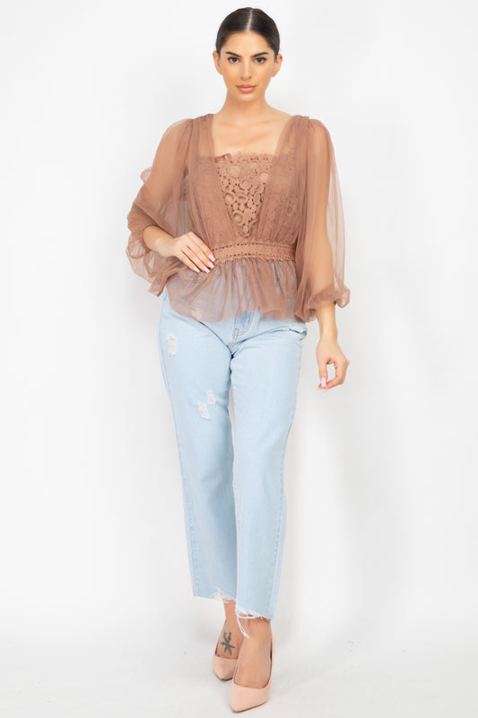 Women's Sheer Mesh Crochet Peplum Top
