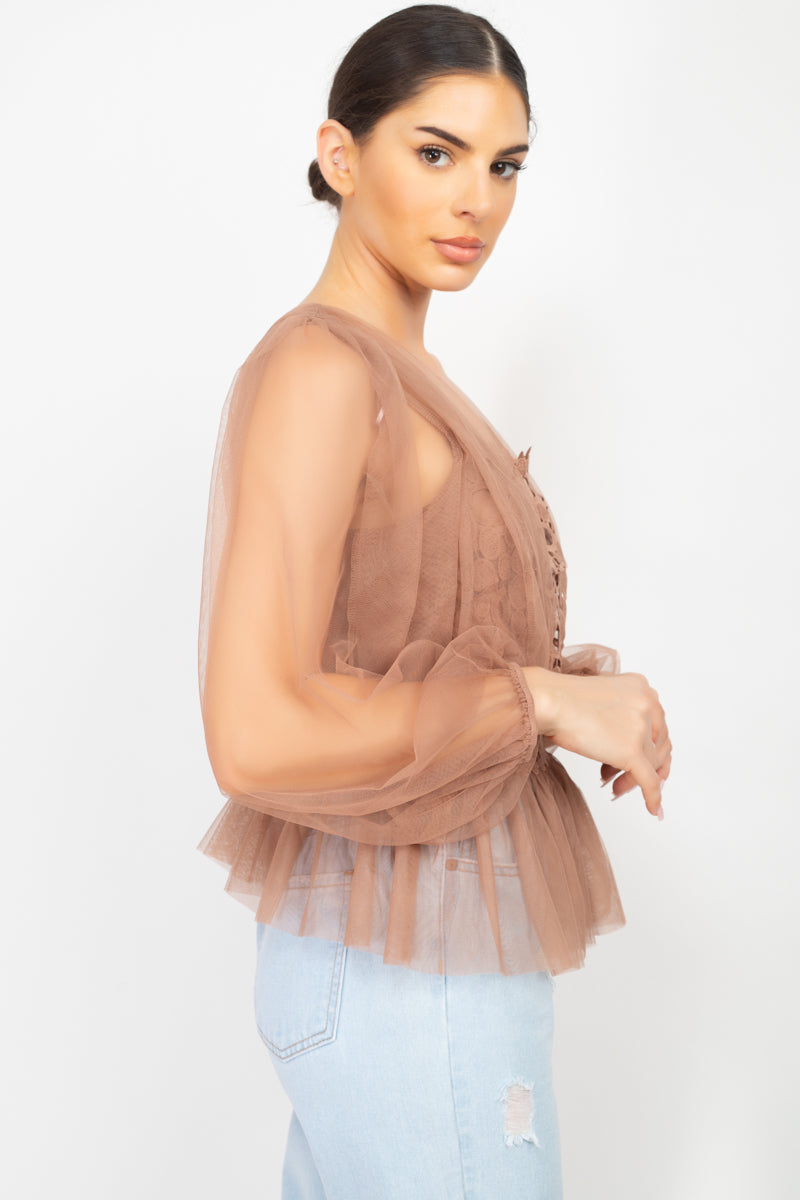 Women's Sheer Mesh Crochet Peplum Top