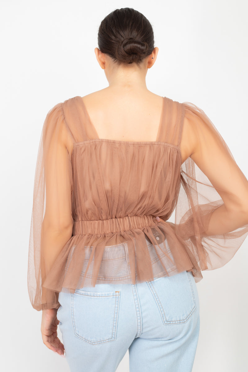 Women's Sheer Mesh Crochet Peplum Top