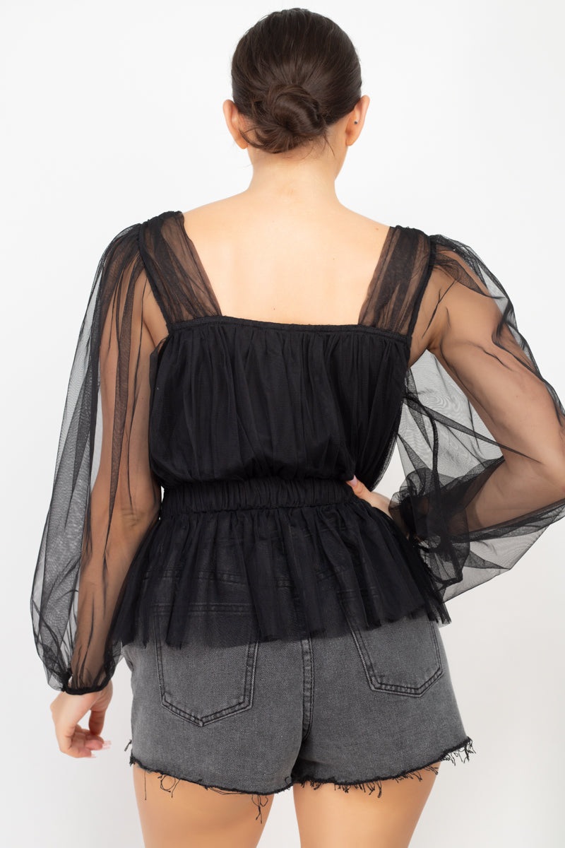 Women's Sheer Mesh Crochet Peplum Top