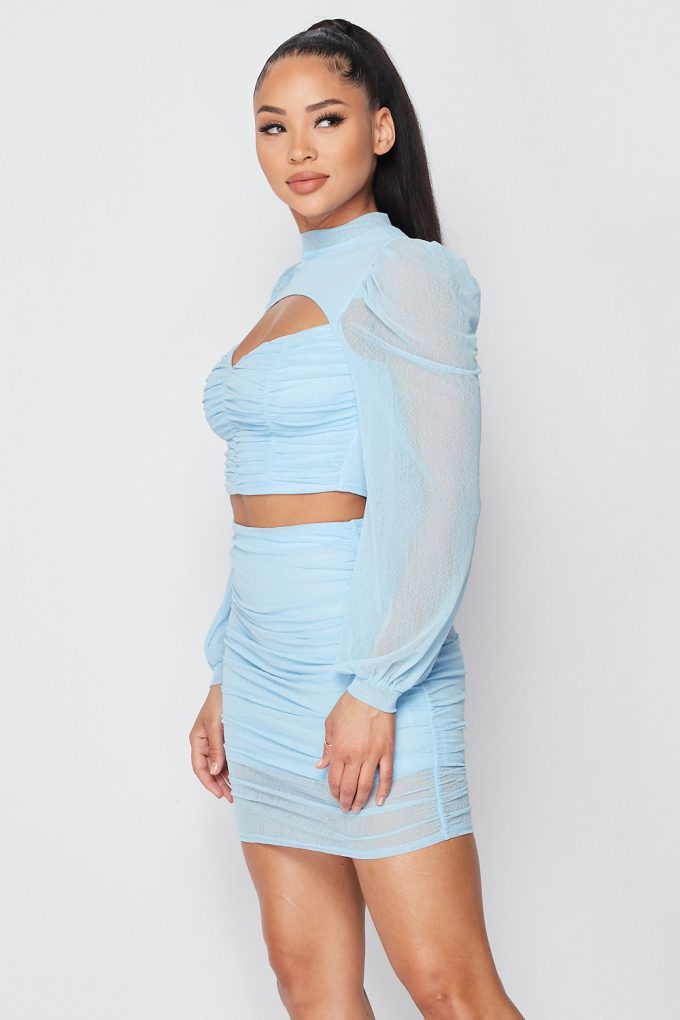 Women's Sexy Sheer Cutout Puff Sleeved Top And Skirt Set