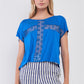 Women's Royal Blue Boat Neck Short Sleeve See-trough Cross Cut-in Detail With Floral Embroidery Top