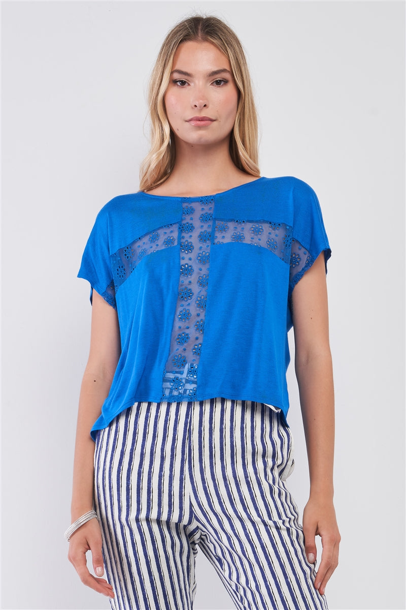 Women's Royal Blue Boat Neck Short Sleeve See-trough Cross Cut-in Detail With Floral Embroidery Top