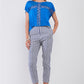 Women's Royal Blue Boat Neck Short Sleeve See-trough Cross Cut-in Detail With Floral Embroidery Top