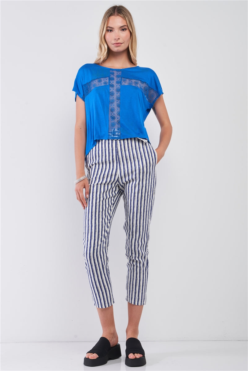 Women's Royal Blue Boat Neck Short Sleeve See-trough Cross Cut-in Detail With Floral Embroidery Top