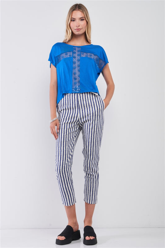 Women's Royal Blue Boat Neck Short Sleeve See-trough Cross Cut-in Detail With Floral Embroidery Top
