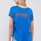 Women's Royal Blue Boat Neck Short Sleeve See-trough Cross Cut-in Detail With Floral Embroidery Top