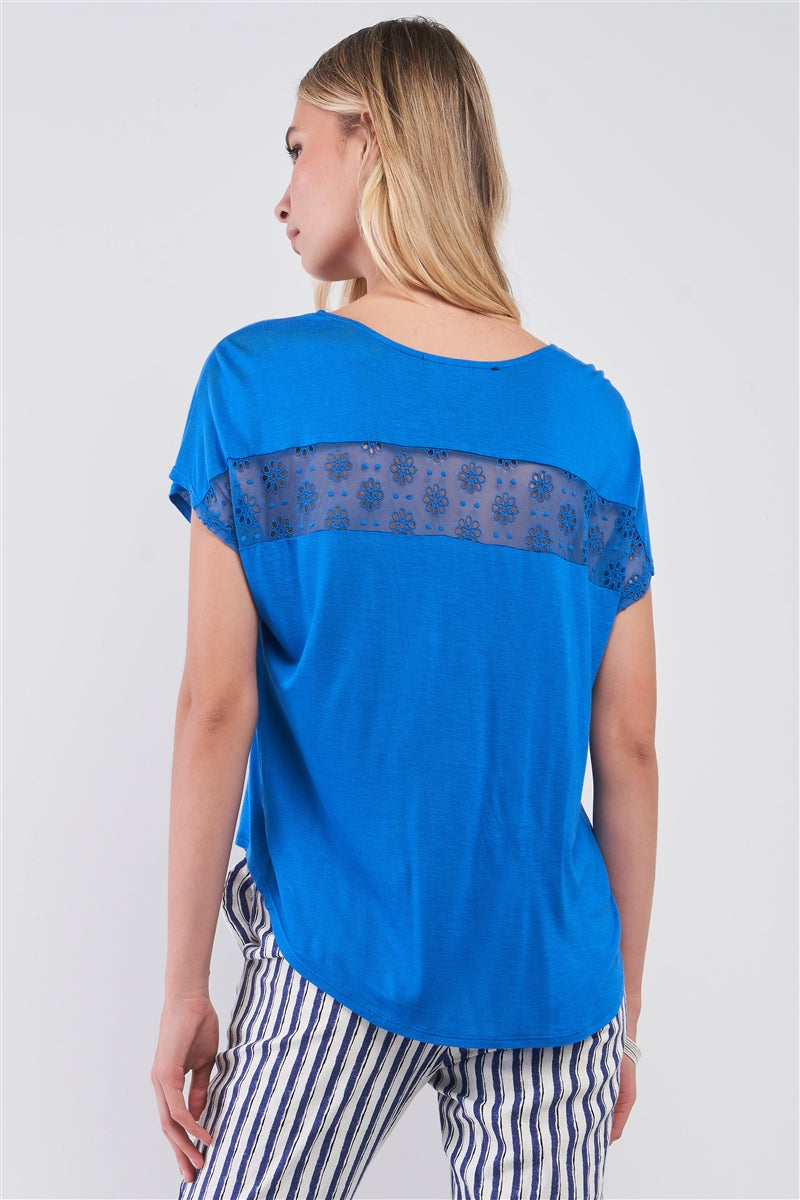 Women's Royal Blue Boat Neck Short Sleeve See-trough Cross Cut-in Detail With Floral Embroidery Top