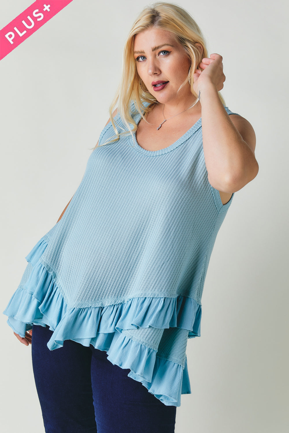 Women's Plus Scoop Neck Sleeveless Ruffle Tunic
