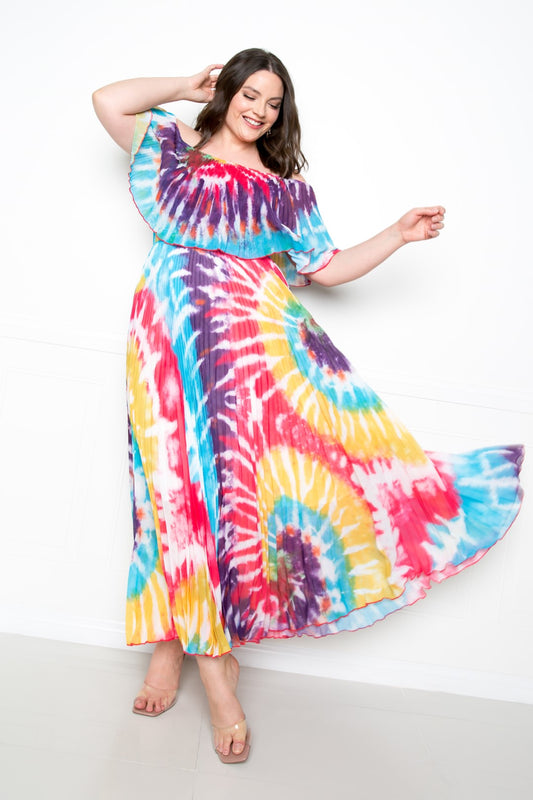 Women's Tie Dye Off Shoulder Pleated Maxi Dress