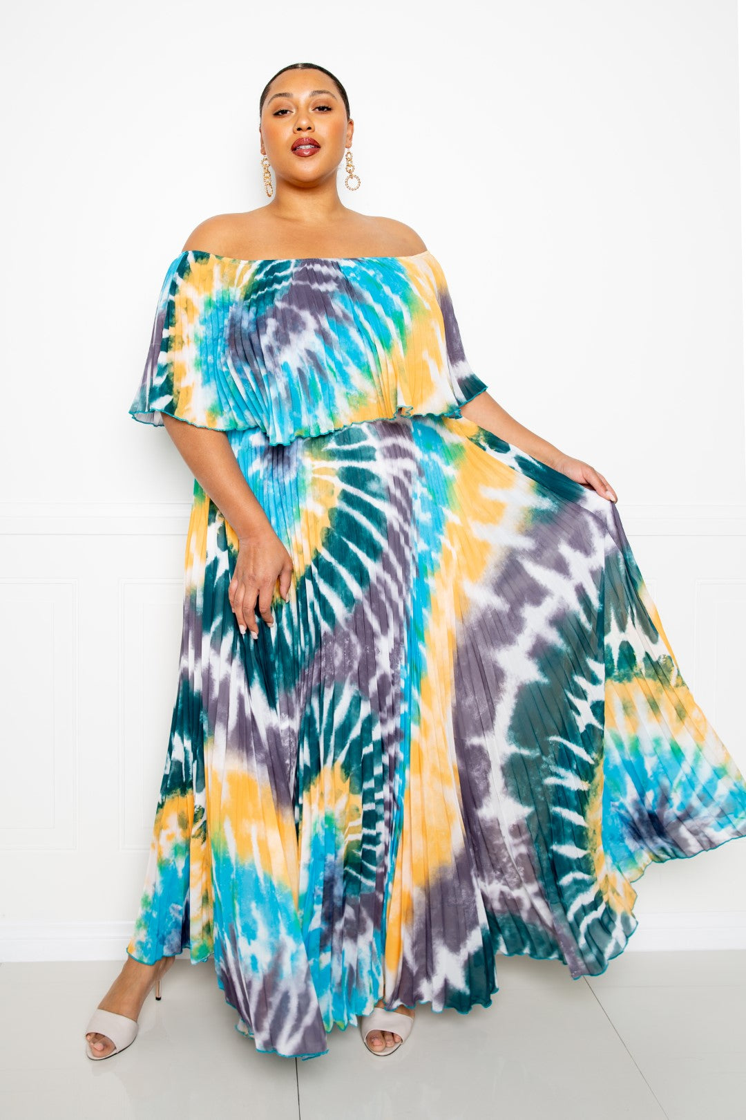 Women's Tie Dye Off Shoulder Pleated Plus Maxi Dress