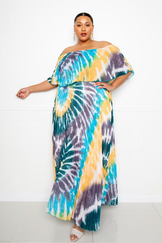 Women's Tie Dye Off Shoulder Pleated Plus Maxi Dress