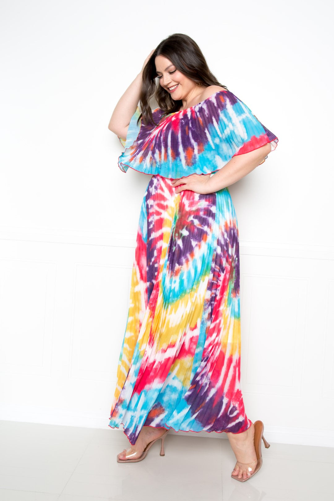 Women's Tie Dye Off Shoulder Pleated Maxi Dress