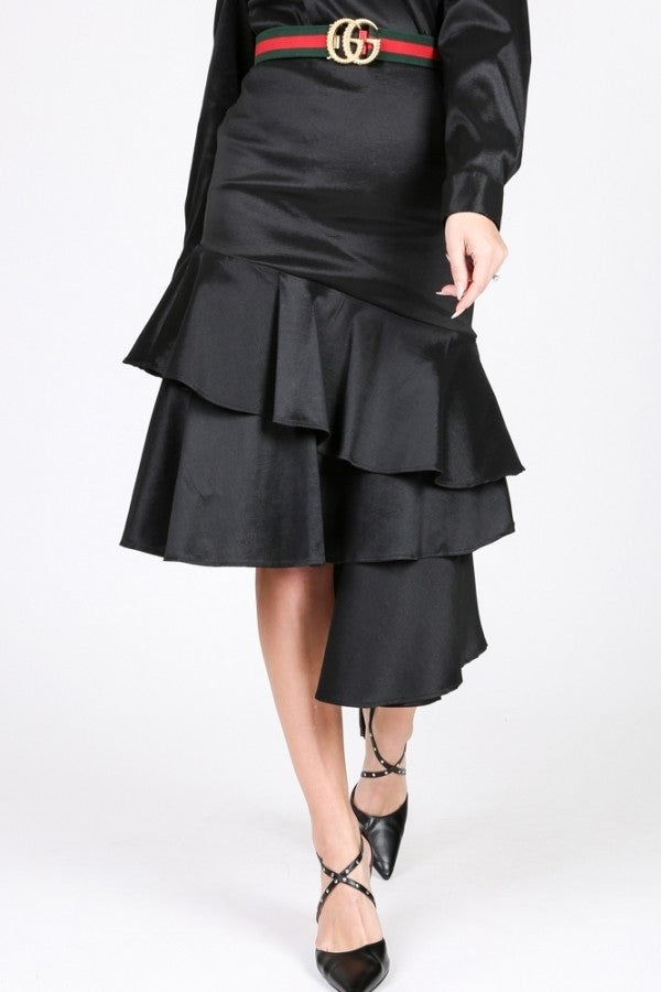 Women's Asymmetrical Ruffle Bottom Satin Skirt