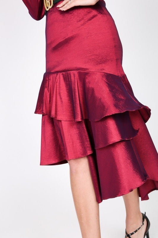 Women's Asymmetrical Ruffle Bottom Satin Skirt