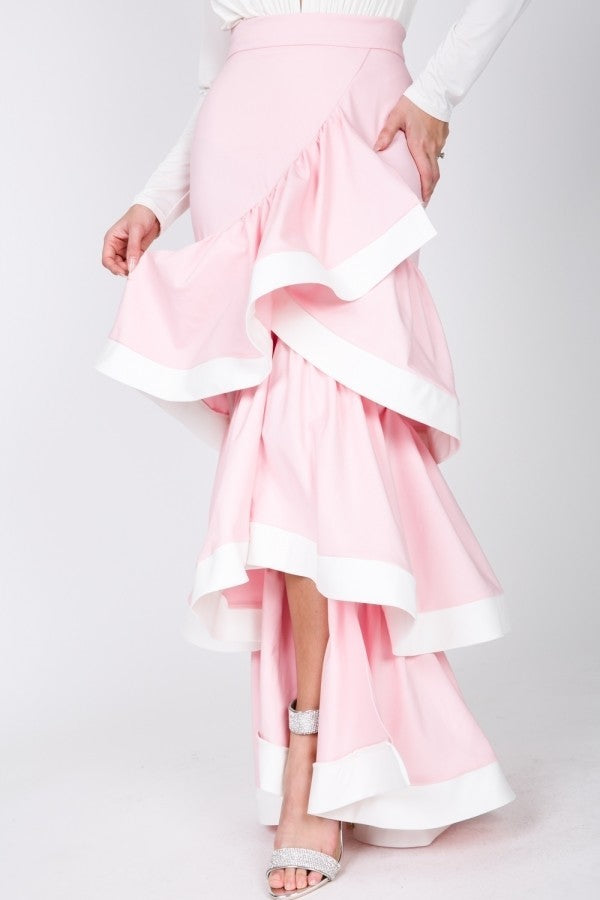 Women's Contrast Hem Ruffle Layer Maxi Skirt (L Only)