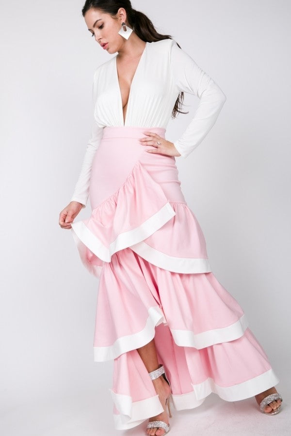 Women's Contrast Hem Ruffle Layer Maxi Skirt (L Only)