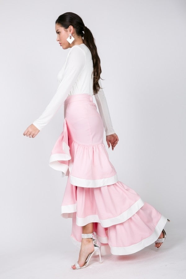 Women's Contrast Hem Ruffle Layer Maxi Skirt (L Only)