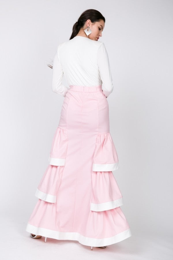 Women's Contrast Hem Ruffle Layer Maxi Skirt (L Only)