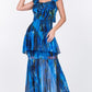 Women's Ruffle Sleeve Tiered Bottom Print Long Dress