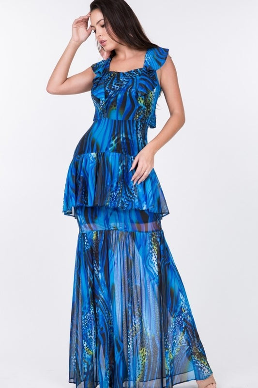 Women's Ruffle Sleeve Tiered Bottom Print Long Dress
