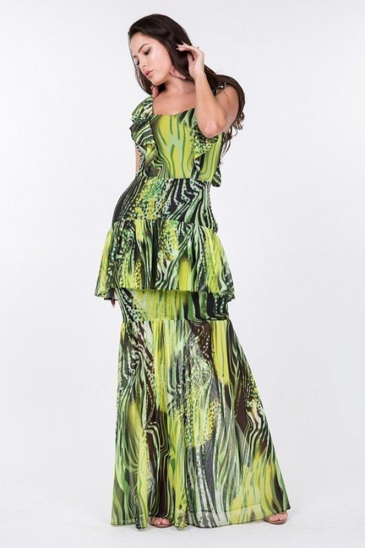 Women's Ruffle Sleeve Tiered Bottom Print Long Dress