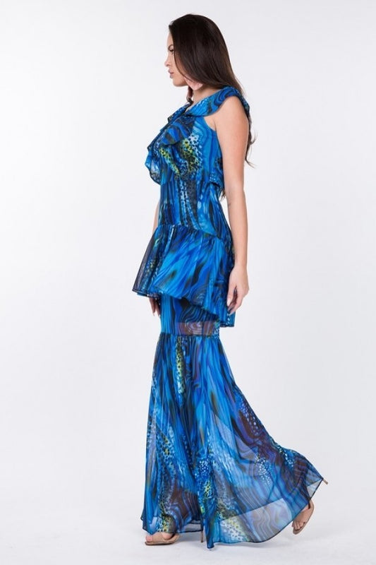 Women's Ruffle Sleeve Tiered Bottom Print Long Dress