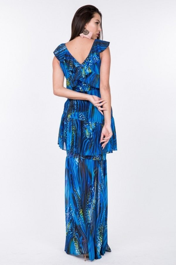 Women's Ruffle Sleeve Tiered Bottom Print Long Dress