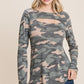 Women's Army Camoflauge Printed Cut Out Neckline Long Sleeves Casual Basic Top
