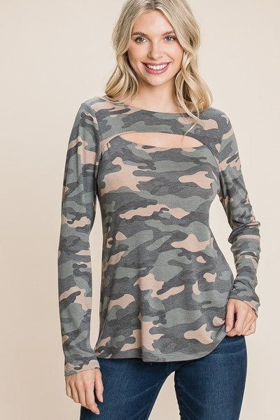 Women's Army Camoflauge Printed Cut Out Neckline Long Sleeves Casual Basic Top