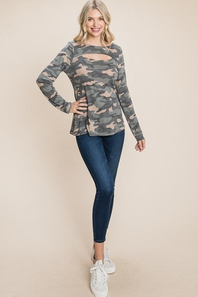 Women's Army Camoflauge Printed Cut Out Neckline Long Sleeves Casual Basic Top
