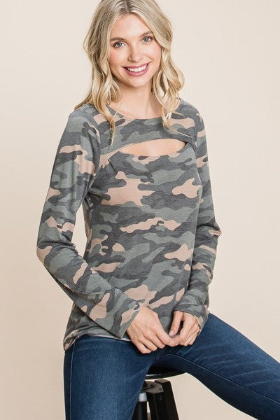 Women's Army Camoflauge Printed Cut Out Neckline Long Sleeves Casual Basic Top
