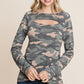 Women's Army Camoflauge Printed Cut Out Neckline Long Sleeves Casual Basic Top
