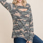 Women's Army Camoflauge Printed Cut Out Neckline Long Sleeves Casual Basic Top