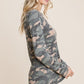 Women's Army Camoflauge Printed Cut Out Neckline Long Sleeves Casual Basic Top