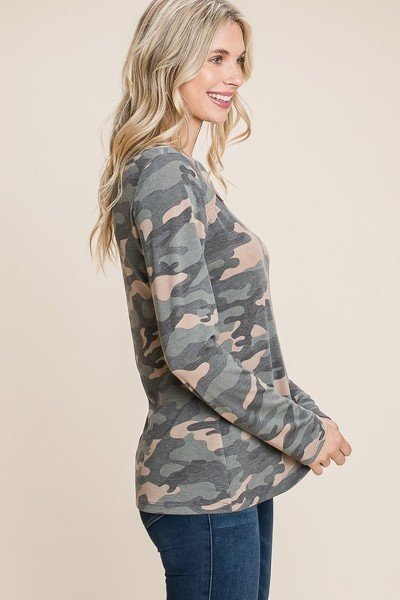 Women's Army Camoflauge Printed Cut Out Neckline Long Sleeves Casual Basic Top